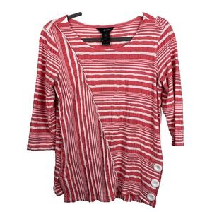 Ali Miles Top Womens Medium Coral Mixed Stripes 3/4 Sleeve Button Accents Artsy‎